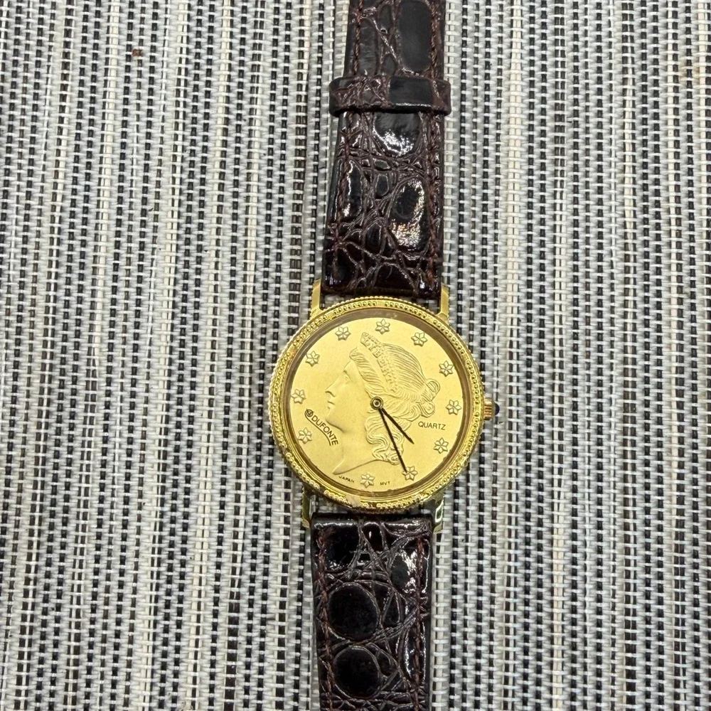 Dufonte Lucien Piccard Gold Tone Liberty Coin Dial Watch Brown Leather Strap